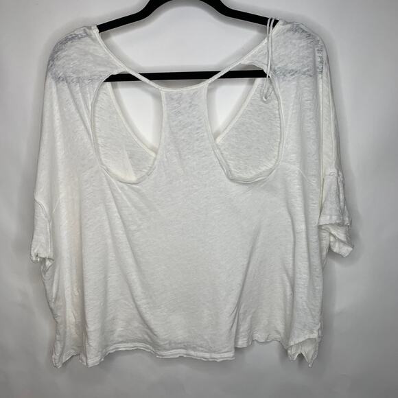 Free People Slouchy Cropped Oversized Linen Blend Cream Tee Shirt Sz Small - Picture 3 of 8